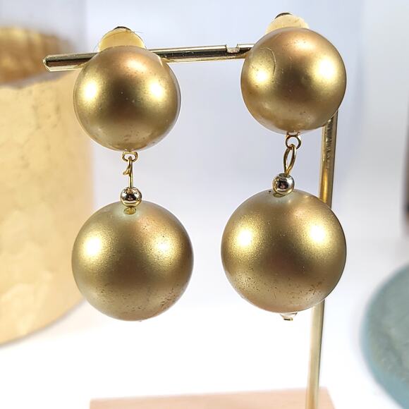 Vintage Gold Dangle Clip-On Earrings, Double Round Balls, Retro Jewelry - Picture 1 of 10